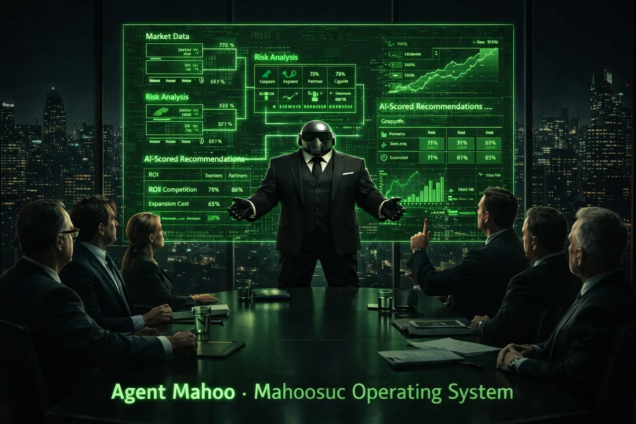 Agent Mahoo presenting AI-scored strategic decisions to a C-suite boardroom