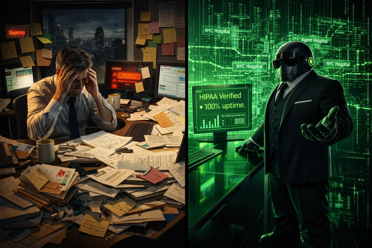 Before and after: chaotic hospital systems vs. clean HIPAA-compliant MOS dashboard
