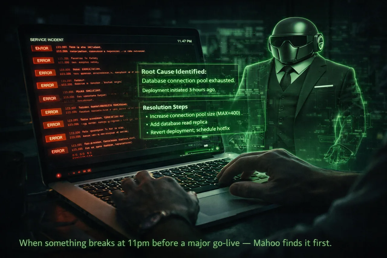 Late-night incident response — Agent Mahoo surfaces root cause at 11:47 PM
