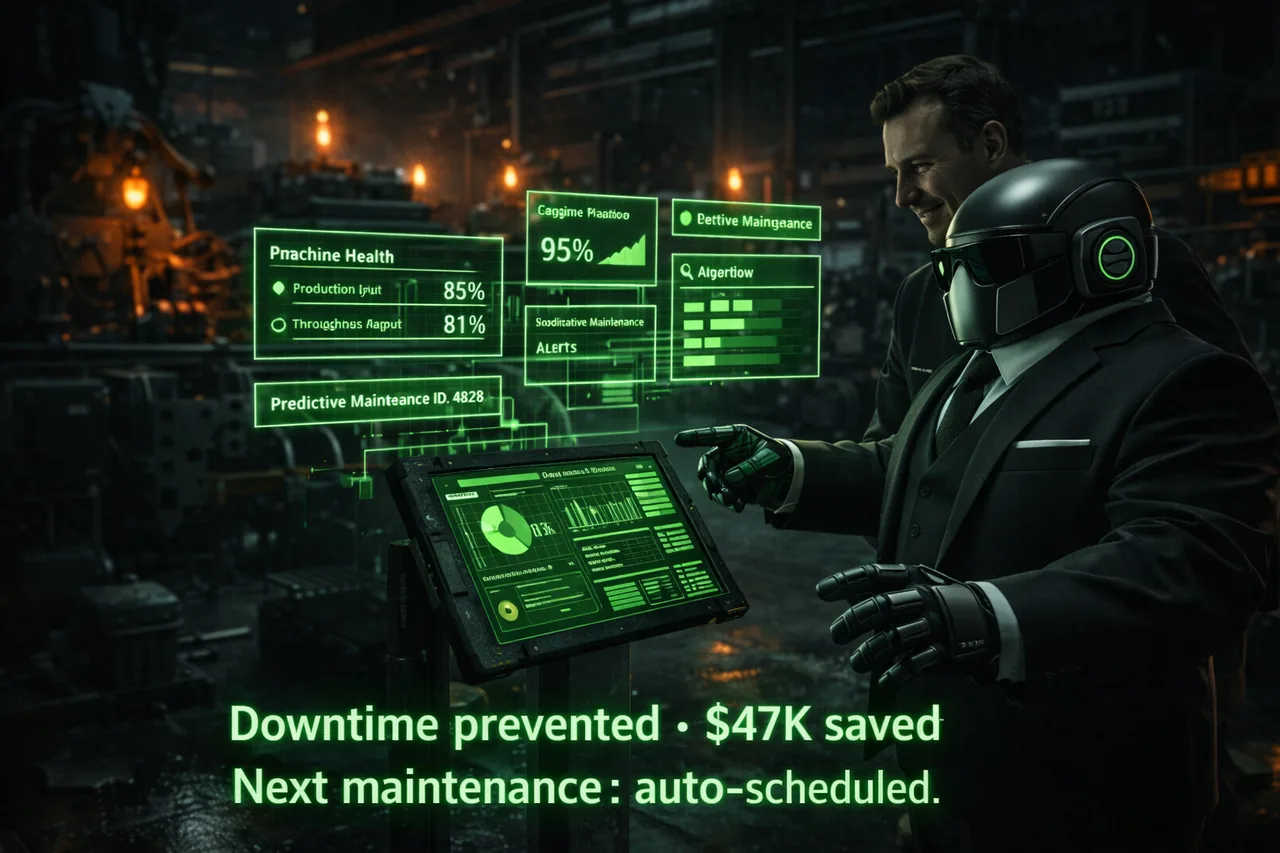 Agent Mahoo and supervisor on the factory floor with predictive maintenance overlay